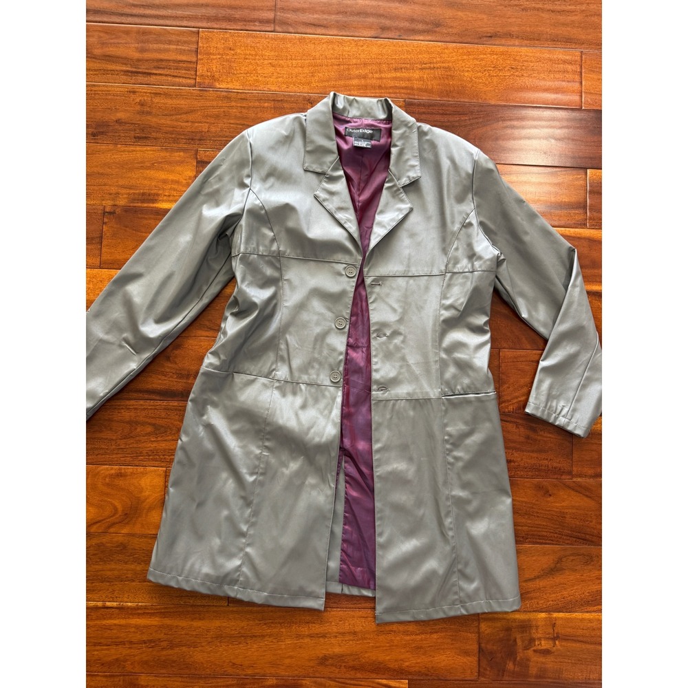 OuterEdge Faux Leather Trench Coat Womens L Grey Excellent Metallic Matrix Edgy